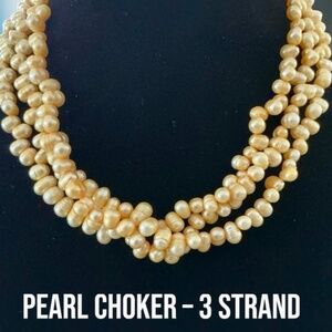3-Strand Yellow Freshwater Pearl Choker Necklace, 16" Dyed Pearls, Lobster Clasp